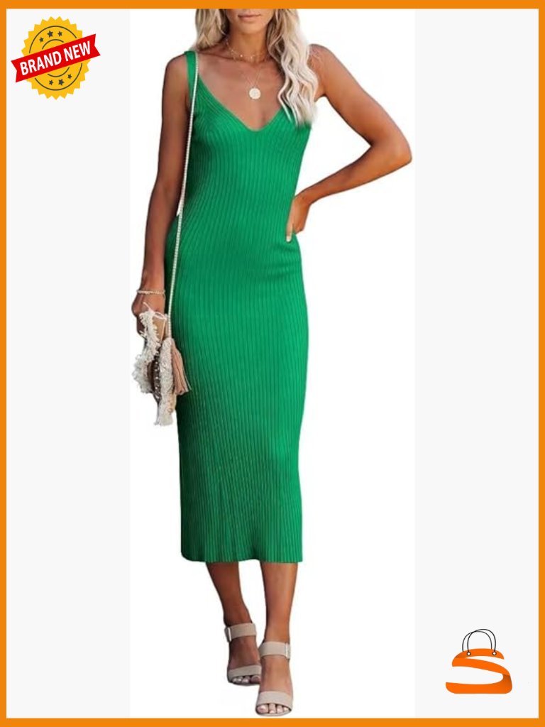 Bodycon Midi Dress V-Neck Sleeveless Ribbed Knit Tank Dress